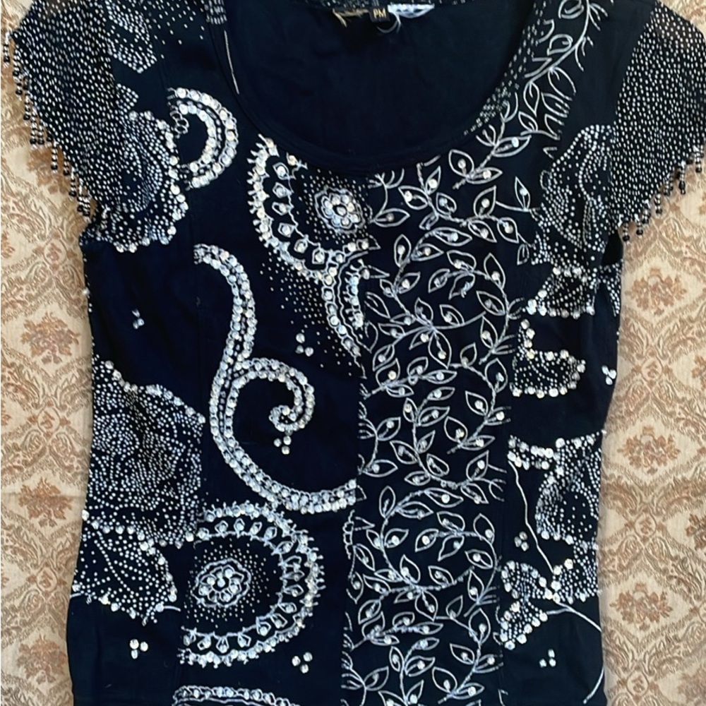 ❤️Vintage BEAD & SEQUINS Black & White ROSE & PETALS Women's Top AS IS